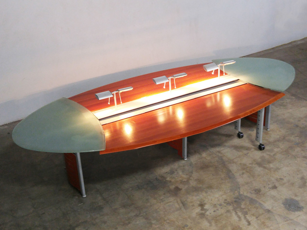 12FT-6IN EXECUTIVE CONFERENCE TABLE - SOLID CHERRY TOP WITH 1/2" GLASS ENDS ADJUSTABLE WINGS WITH LIGHTING AND POWER CENTER RACEWAY