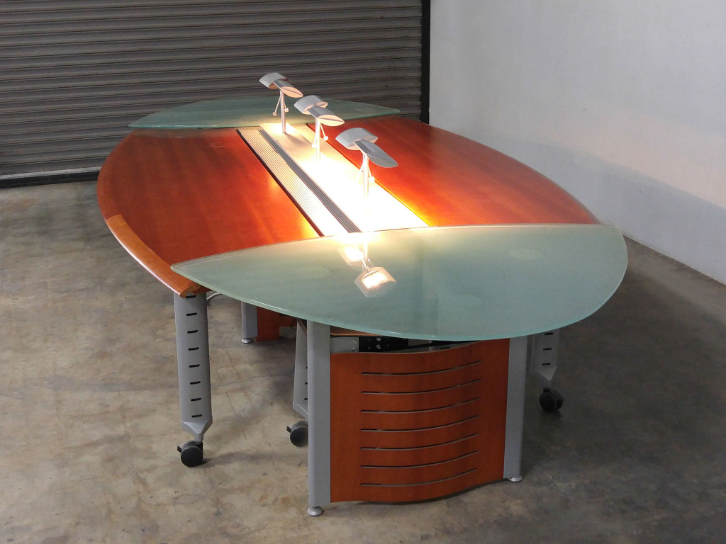 12FT-6IN EXECUTIVE CONFERENCE TABLE - SOLID CHERRY TOP WITH 1/2" GLASS ENDS ADJUSTABLE WINGS WITH LIGHTING AND POWER CENTER RACEWAY